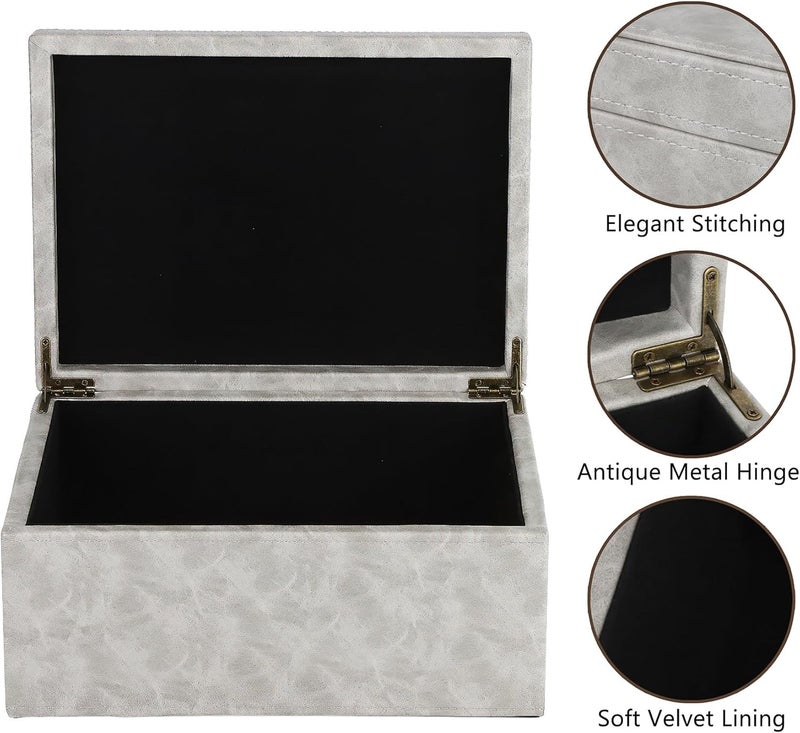 HofferRuffer Faux Leather Decorative Box, Large Wooden Structure Keepsake Box Accessory Organizer Jewelry Organizer with Hinged Lid, Storage Container for Home or Office (Grey) - Image 3